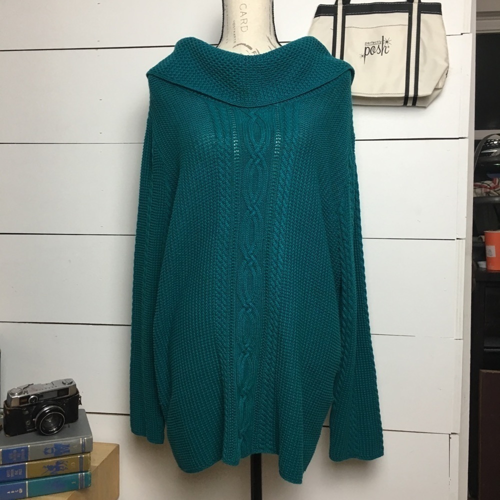 Jeanne Pierre 1X Teal Cable Knit Cowl Neck 100% Cotton Sweater Plus Size